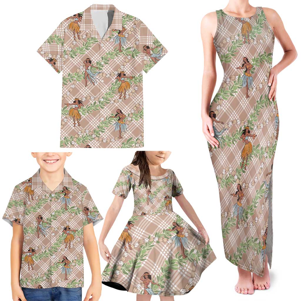Beige Palaka Hula Girls Seamless Hawaii Aloha Family Matching Tank Maxi Dress and Hawaiian Shirt LT7 - Polynesian Pride