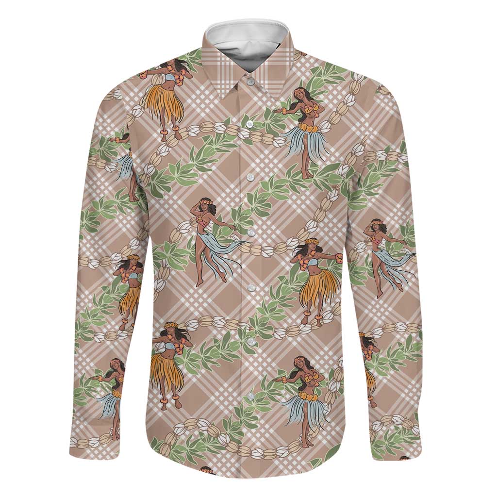 Beige Palaka Hula Girls Seamless Hawaii Aloha Family Matching Tank Maxi Dress and Hawaiian Shirt LT7 Dad's Shirt - Long Sleeve Beige - Polynesian Pride