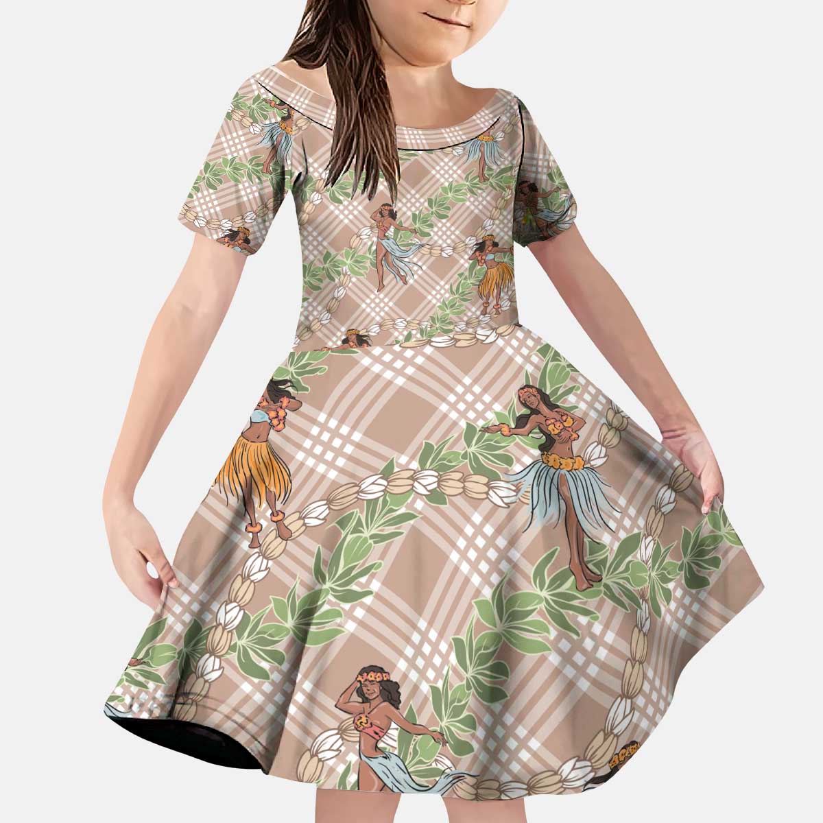 Beige Palaka Hula Girls Seamless Hawaii Aloha Kid Short Sleeve Dress - Polynesian Pride