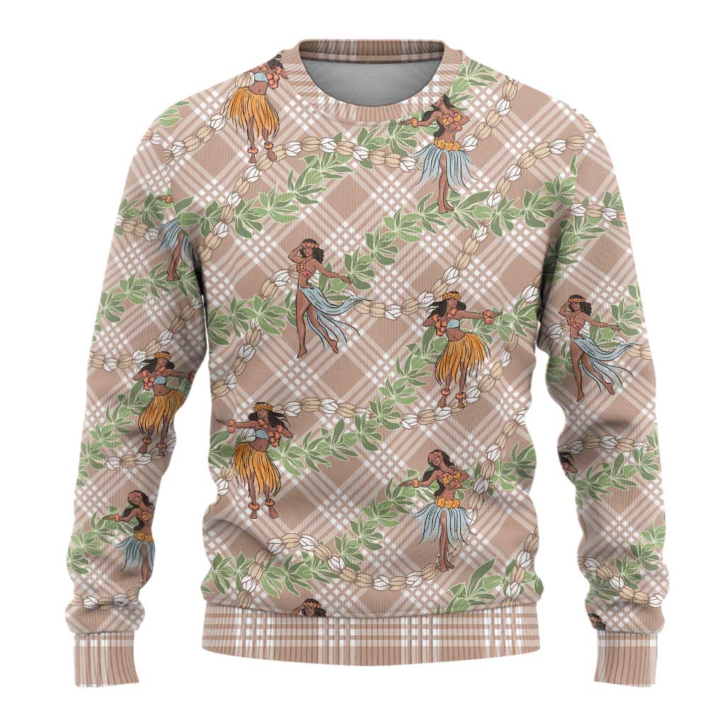 Beige Palaka Hula Girls Seamless Hawaii Aloha Ugly Christmas Sweater LT7 - Polynesian Pride