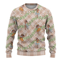 Beige Palaka Hula Girls Seamless Hawaii Aloha Ugly Christmas Sweater LT7 - Polynesian Pride