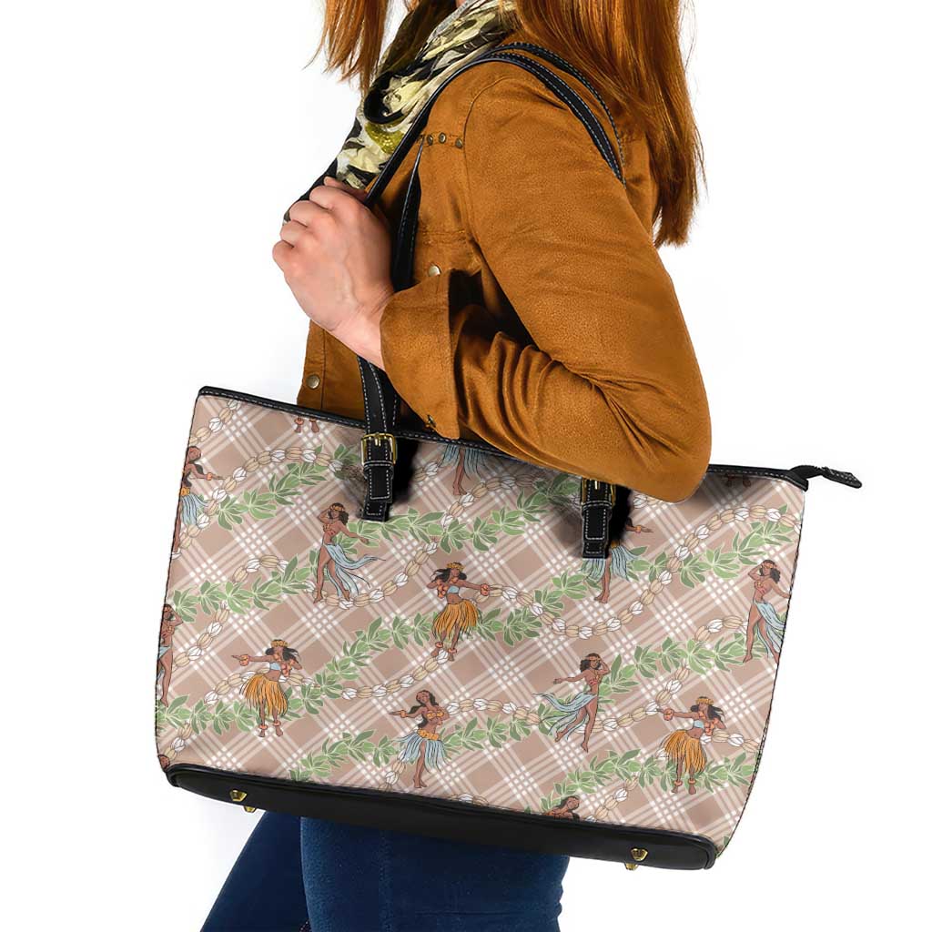 Beige Palaka Hula Girls Seamless Hawaii Aloha Leather Tote Bag - Polynesian Pride