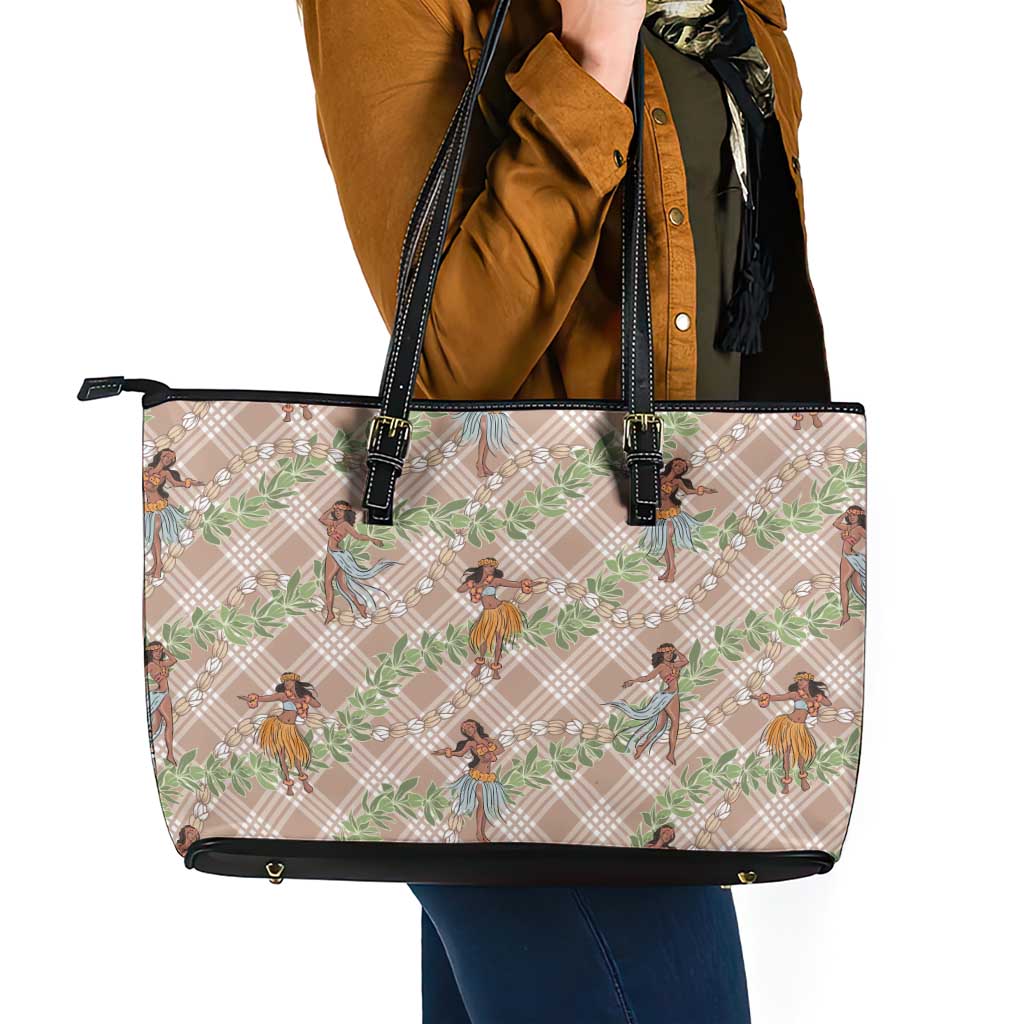 Beige Palaka Hula Girls Seamless Hawaii Aloha Leather Tote Bag - Polynesian Pride