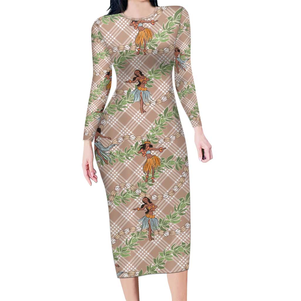 Beige Palaka Hula Girls Seamless Hawaii Aloha Long Sleeve Bodycon Dress LT7 Long Dress Beige - Polynesian Pride