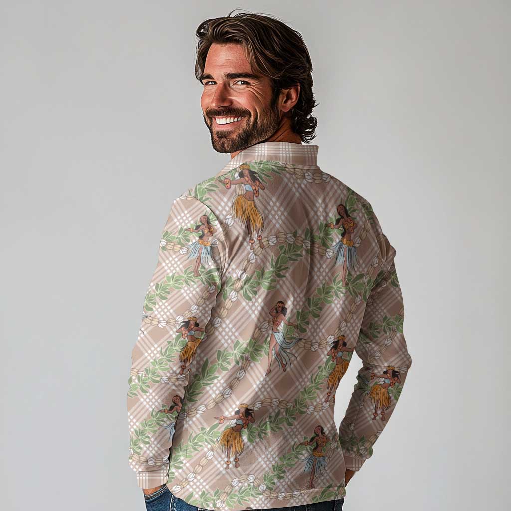 Beige Palaka Hula Girls Seamless Hawaii Aloha Long Sleeve Polo Shirt - Polynesian Pride