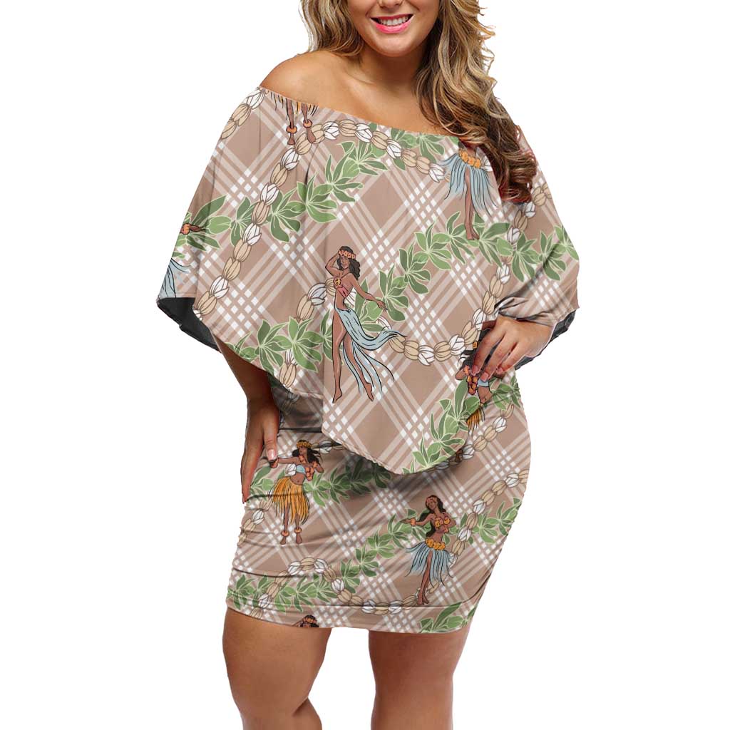 Beige Palaka Hula Girls Seamless Hawaii Aloha Off Shoulder Short Dress - Polynesian Pride