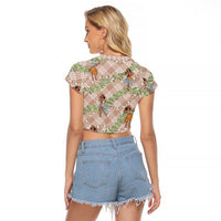 Beige Palaka Hula Girls Seamless Hawaii Aloha Raglan Cropped T Shirt - Polynesian Pride
