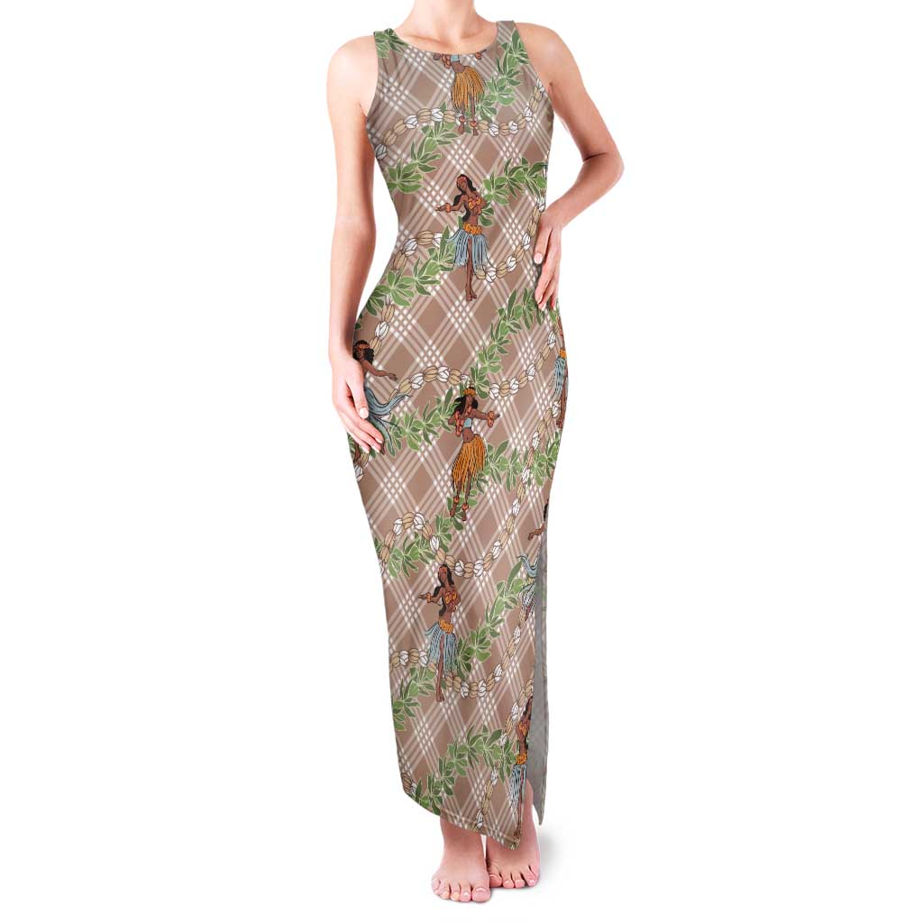 Beige Palaka Hula Girls Seamless Hawaii Aloha Tank Maxi Dress - Polynesian Pride
