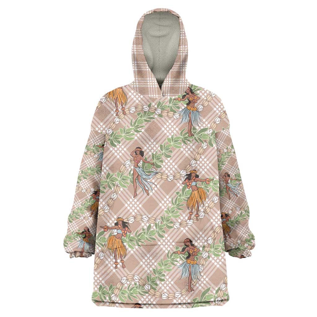 Beige Palaka Hula Girls Seamless Hawaii Aloha Wearable Blanket Hoodie - Polynesian Pride