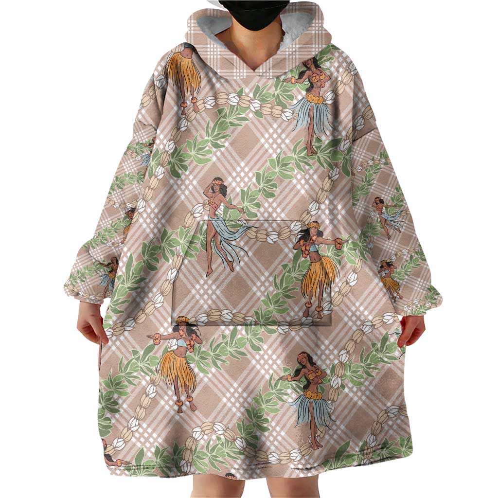 Beige Palaka Hula Girls Seamless Hawaii Aloha Wearable Blanket Hoodie - Polynesian Pride