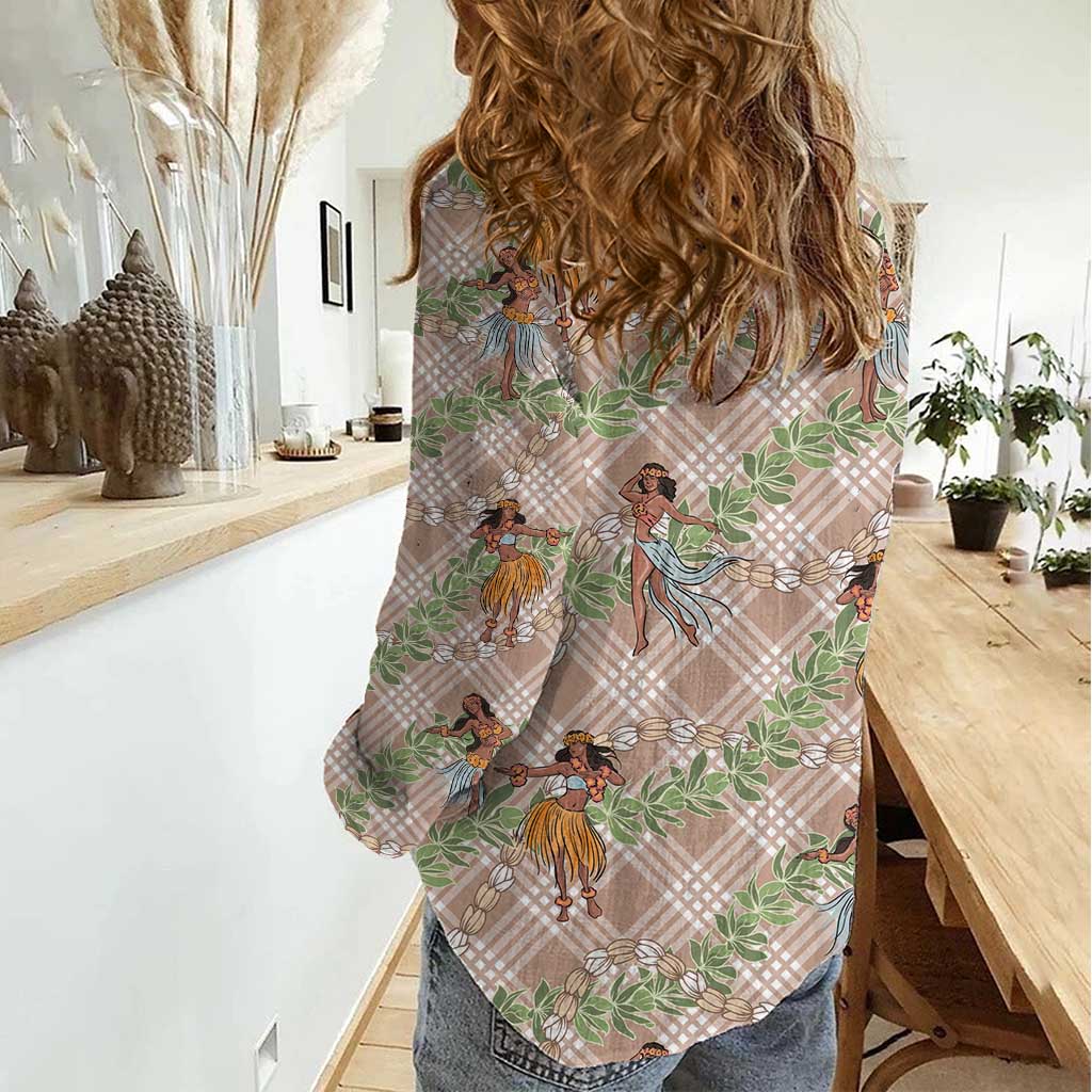 Beige Palaka Hula Girls Seamless Hawaii Aloha Women Casual Shirt LT7 - Polynesian Pride