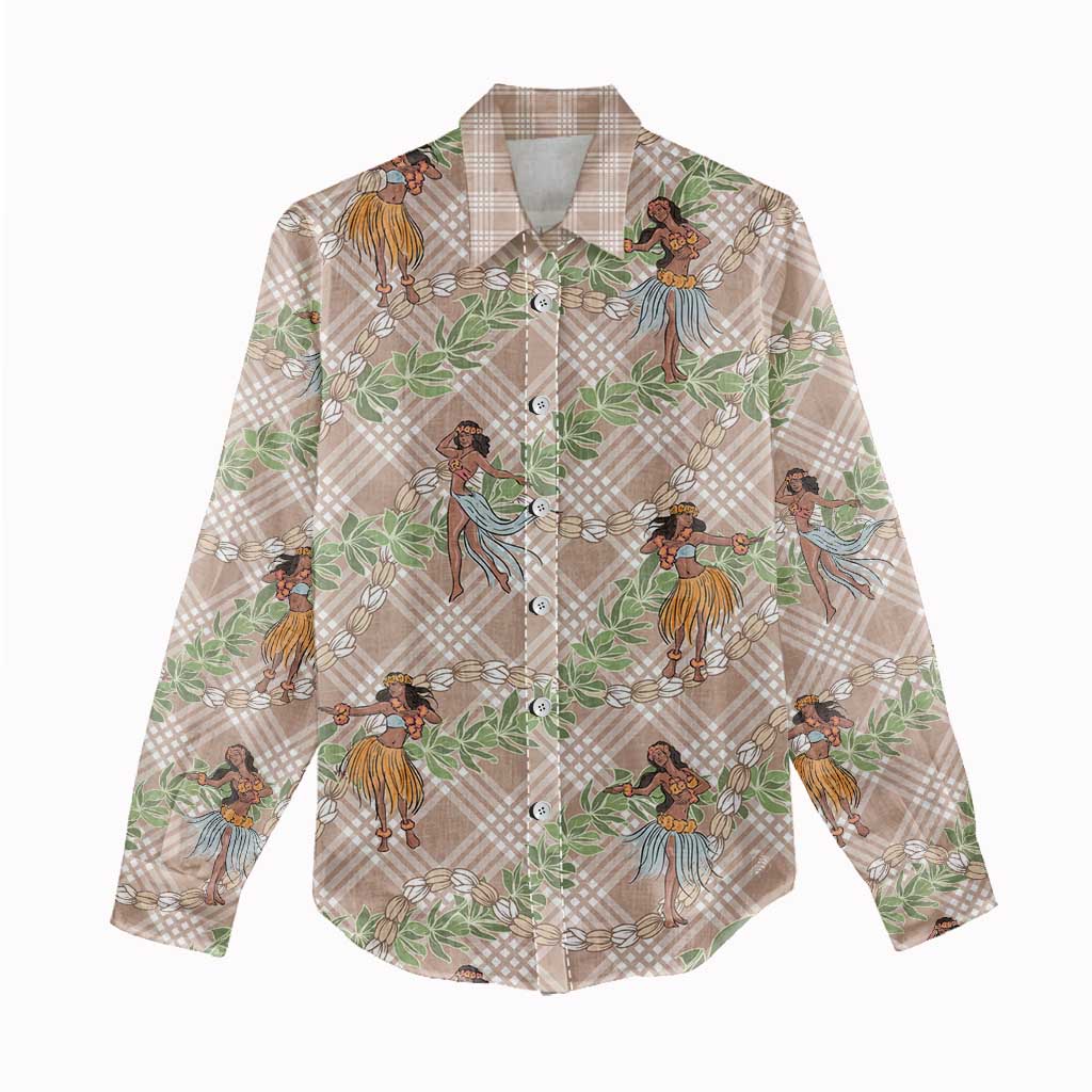 Beige Palaka Hula Girls Seamless Hawaii Aloha Women Casual Shirt LT7 - Polynesian Pride