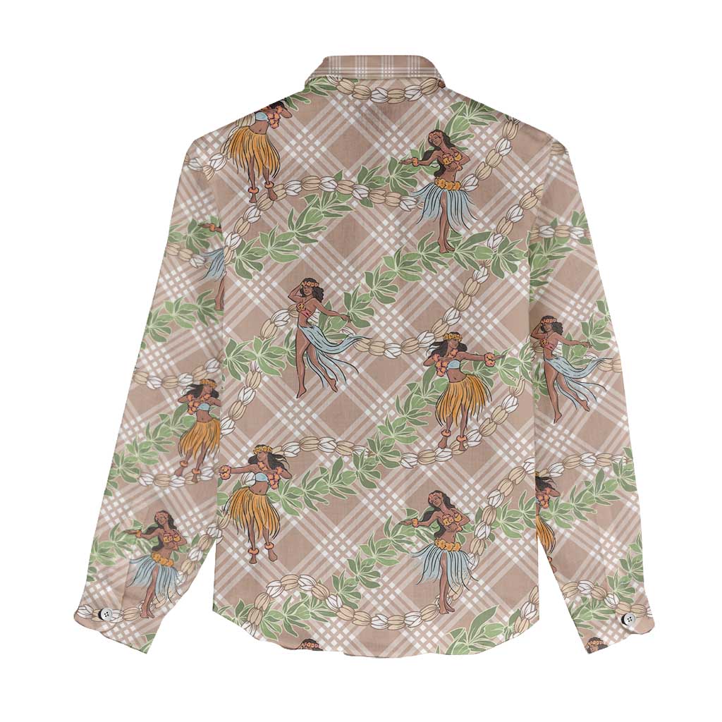 Beige Palaka Hula Girls Seamless Hawaii Aloha Women Casual Shirt LT7 - Polynesian Pride