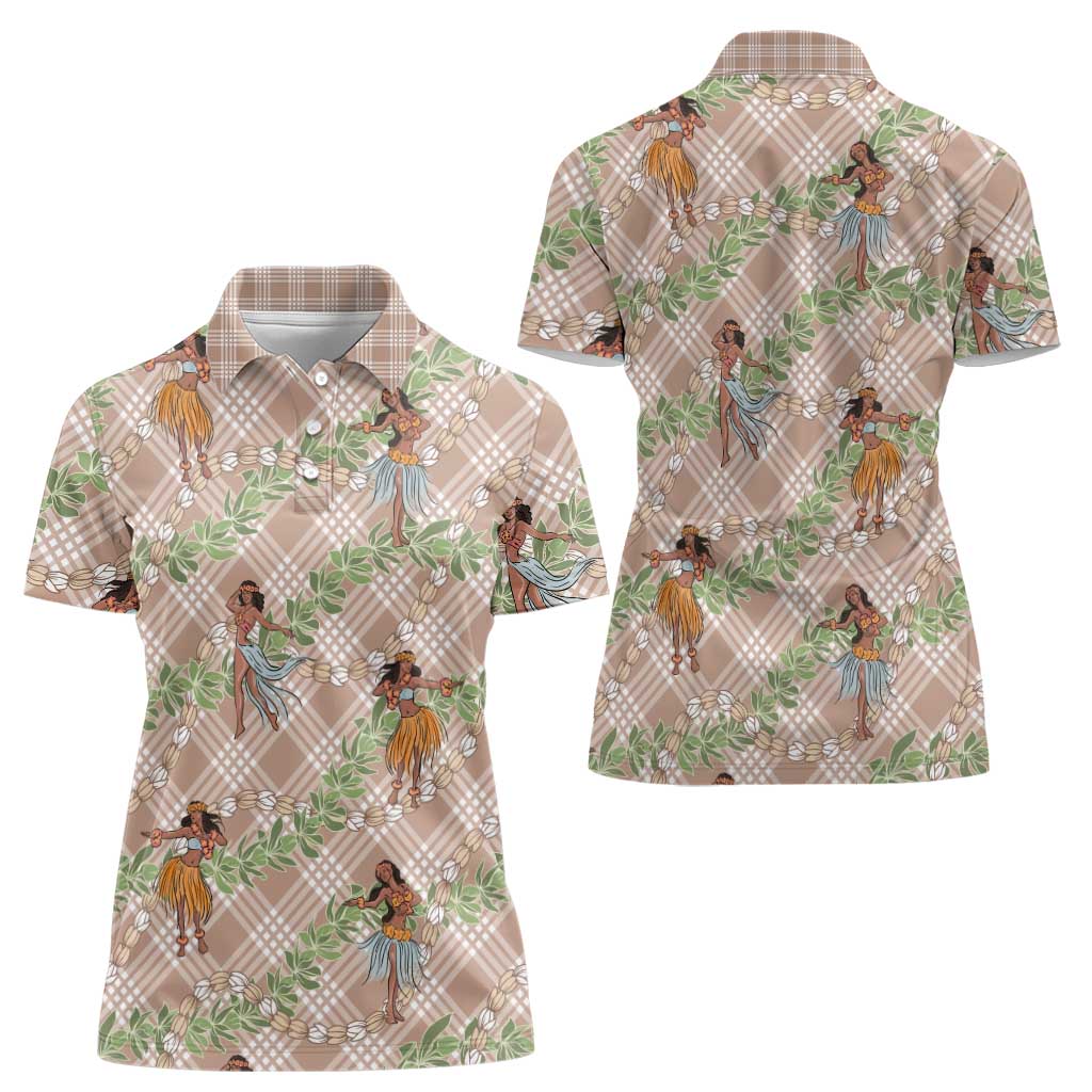 Beige Palaka Hula Girls Seamless Hawaii Aloha Women Polo Shirt - Polynesian Pride