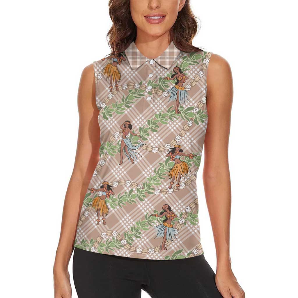 Beige Palaka Hula Girls Seamless Hawaii Aloha Women Sleeveless Polo Shirt - Polynesian Pride