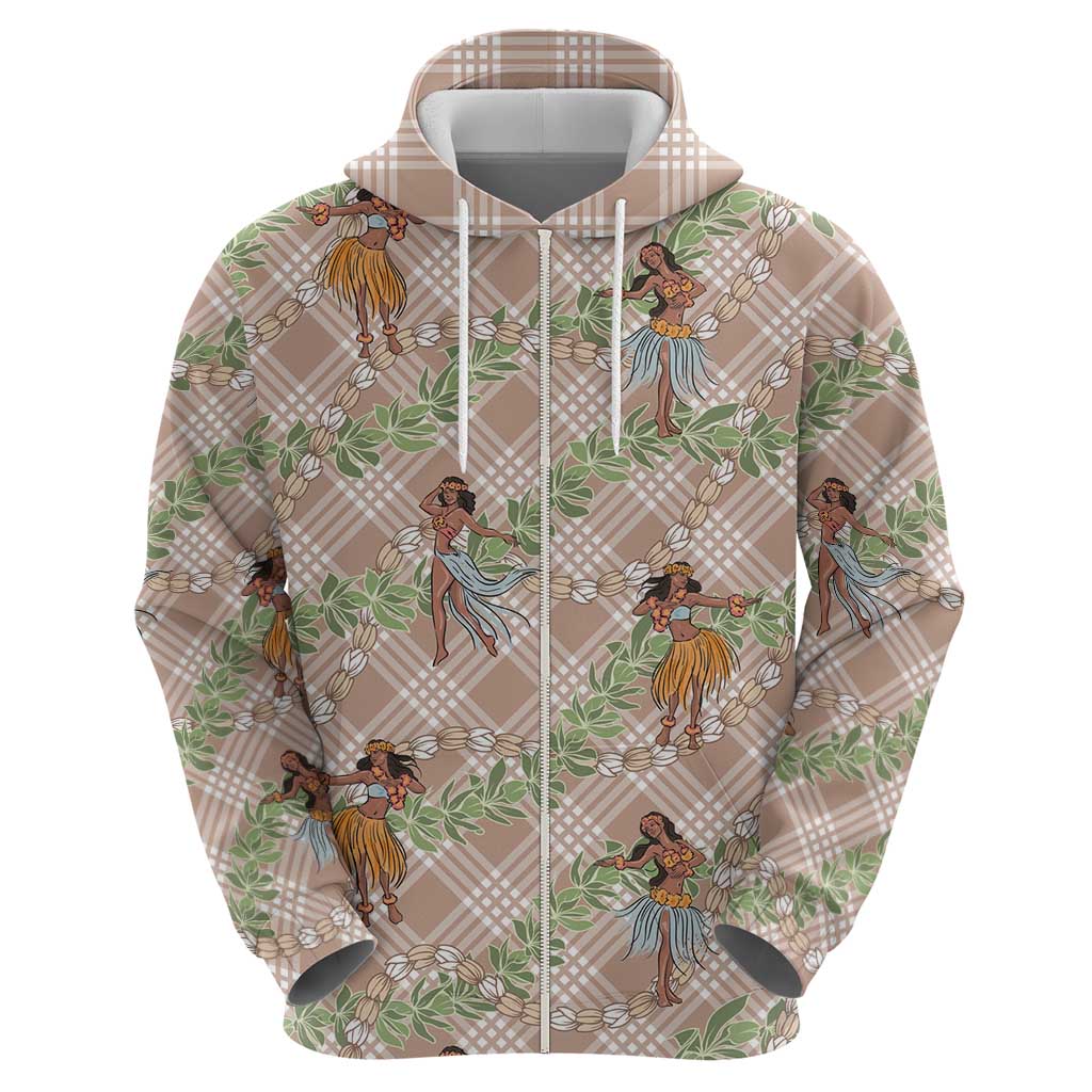 Beige Palaka Hula Girls Seamless Hawaii Aloha Zip Hoodie - Polynesian Pride