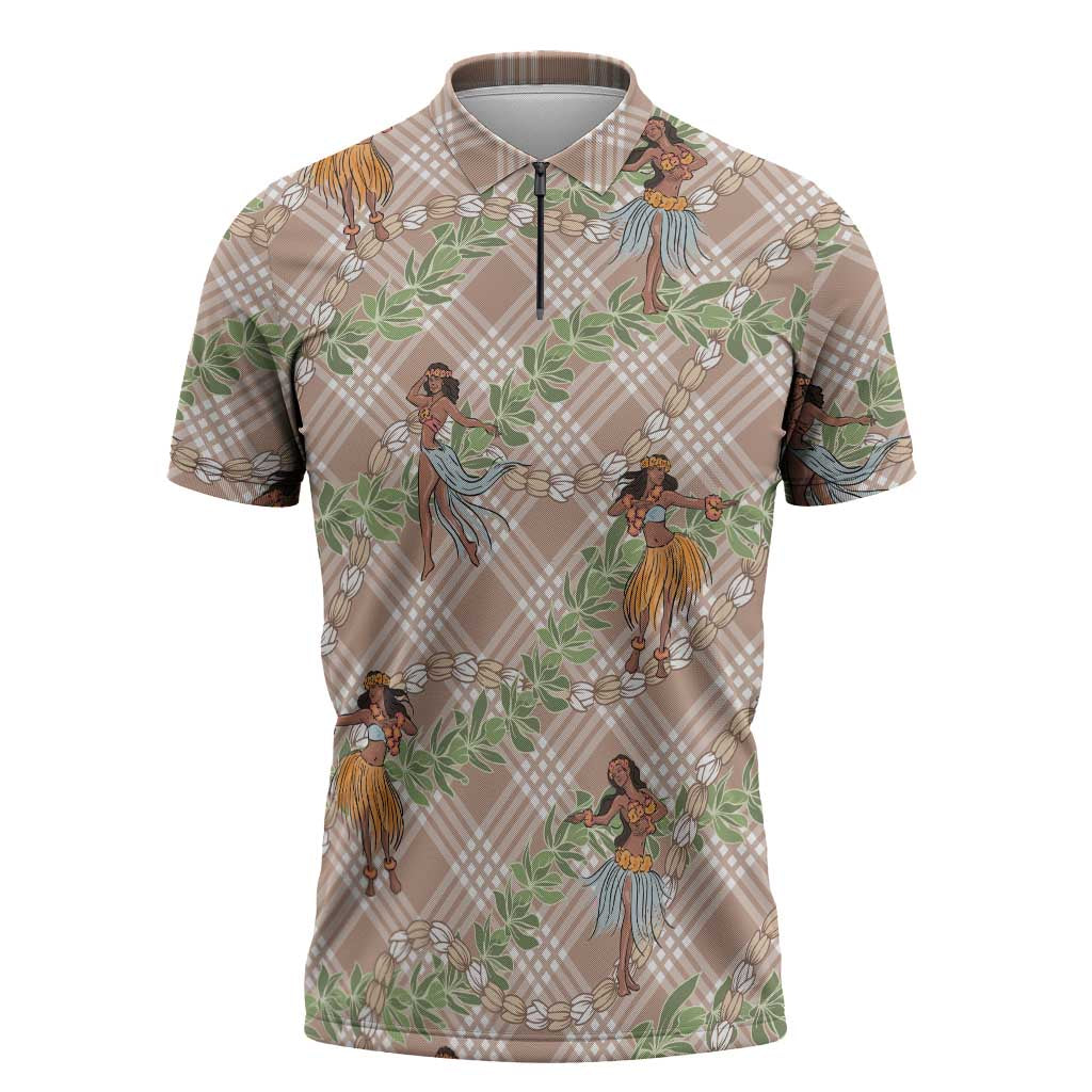 Beige Palaka Hula Girls Seamless Hawaii Aloha Zipper Polo Shirt - Polynesian Pride