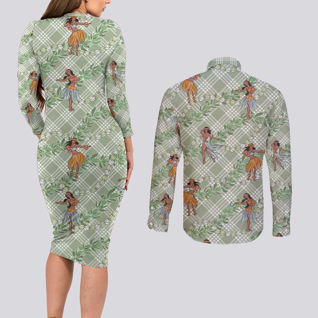 Mint Palaka Hula Girls Seamless Hawaii Aloha Couples Matching Long Sleeve Bodycon Dress and Long Sleeve Button Shirt - Polynesian Pride