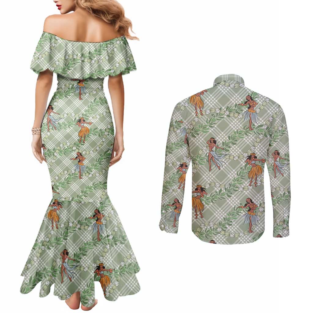 Mint Palaka Hula Girls Seamless Hawaii Aloha Couples Matching Mermaid Dress and Long Sleeve Button Shirt - Polynesian Pride