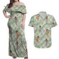 Mint Palaka Hula Girls Seamless Hawaii Aloha Couples Matching Off Shoulder Maxi Dress and Hawaiian Shirt - Polynesian Pride
