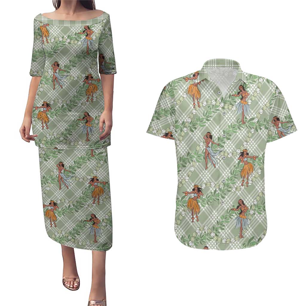Mint Palaka Hula Girls Seamless Hawaii Aloha Couples Matching Puletasi and Hawaiian Shirt - Polynesian Pride