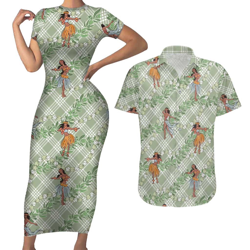 Mint Palaka Hula Girls Seamless Hawaii Aloha Couples Matching Short Sleeve Bodycon Dress and Hawaiian Shirt - Polynesian Pride