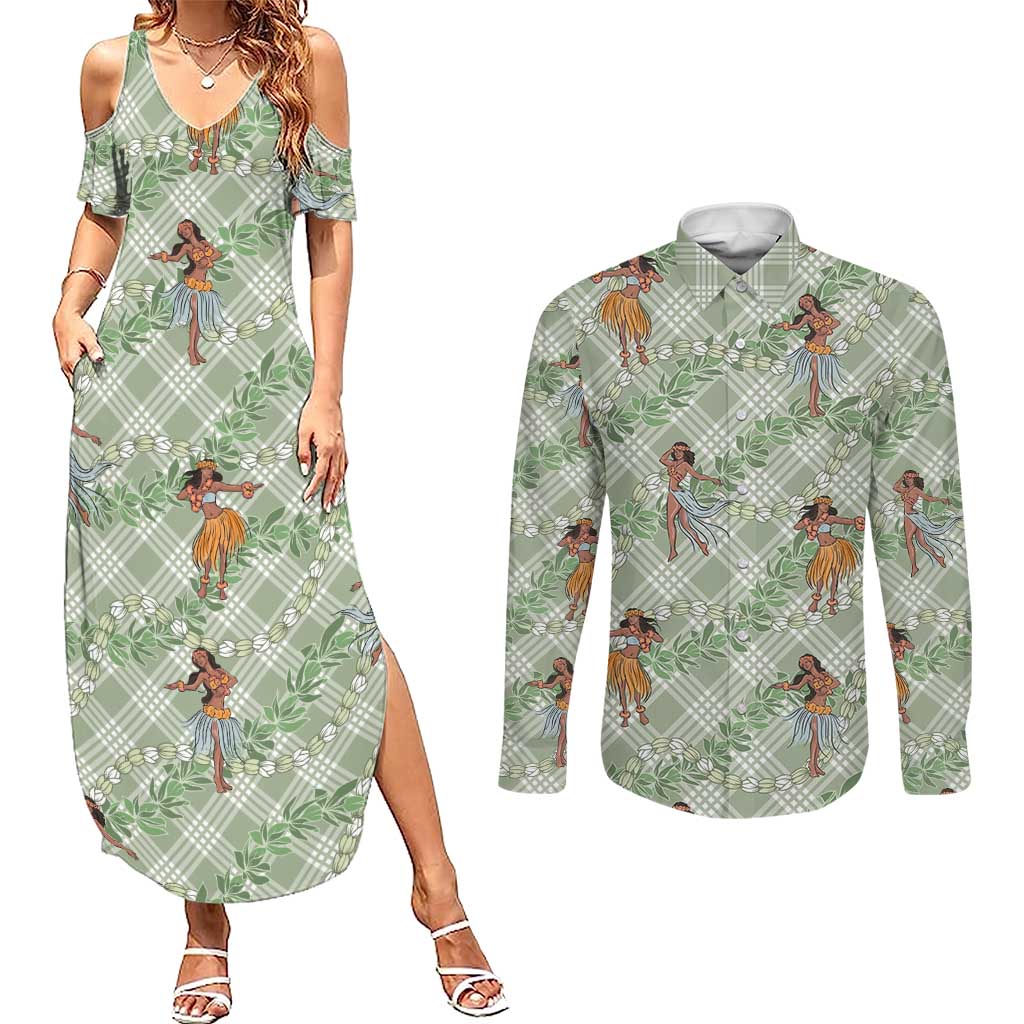 Mint Palaka Hula Girls Seamless Hawaii Aloha Couples Matching Summer Maxi Dress and Long Sleeve Button Shirt - Polynesian Pride