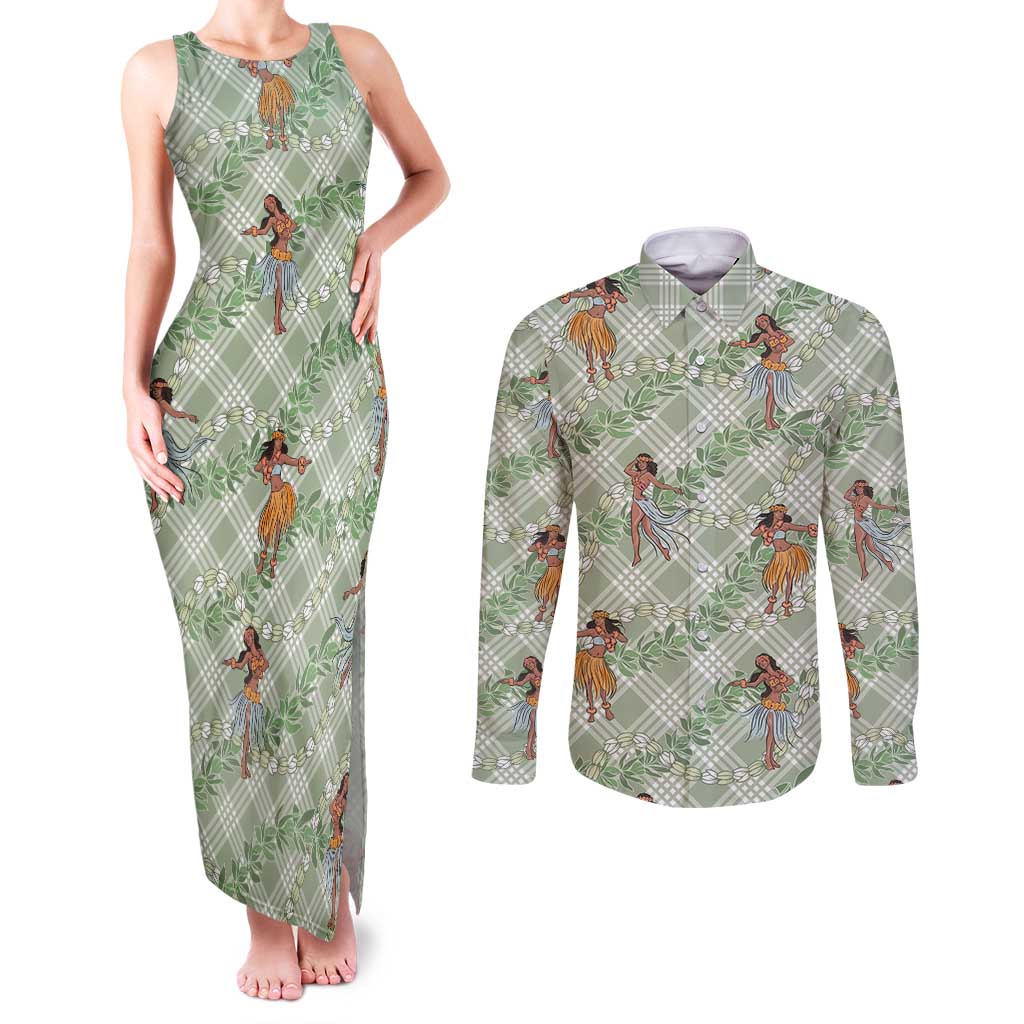 Mint Palaka Hula Girls Seamless Hawaii Aloha Couples Matching Tank Maxi Dress and Long Sleeve Button Shirt - Polynesian Pride