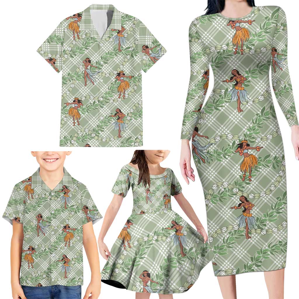 Mint Palaka Hula Girls Seamless Hawaii Aloha Family Matching Long Sleeve Bodycon Dress and Hawaiian Shirt - Polynesian Pride