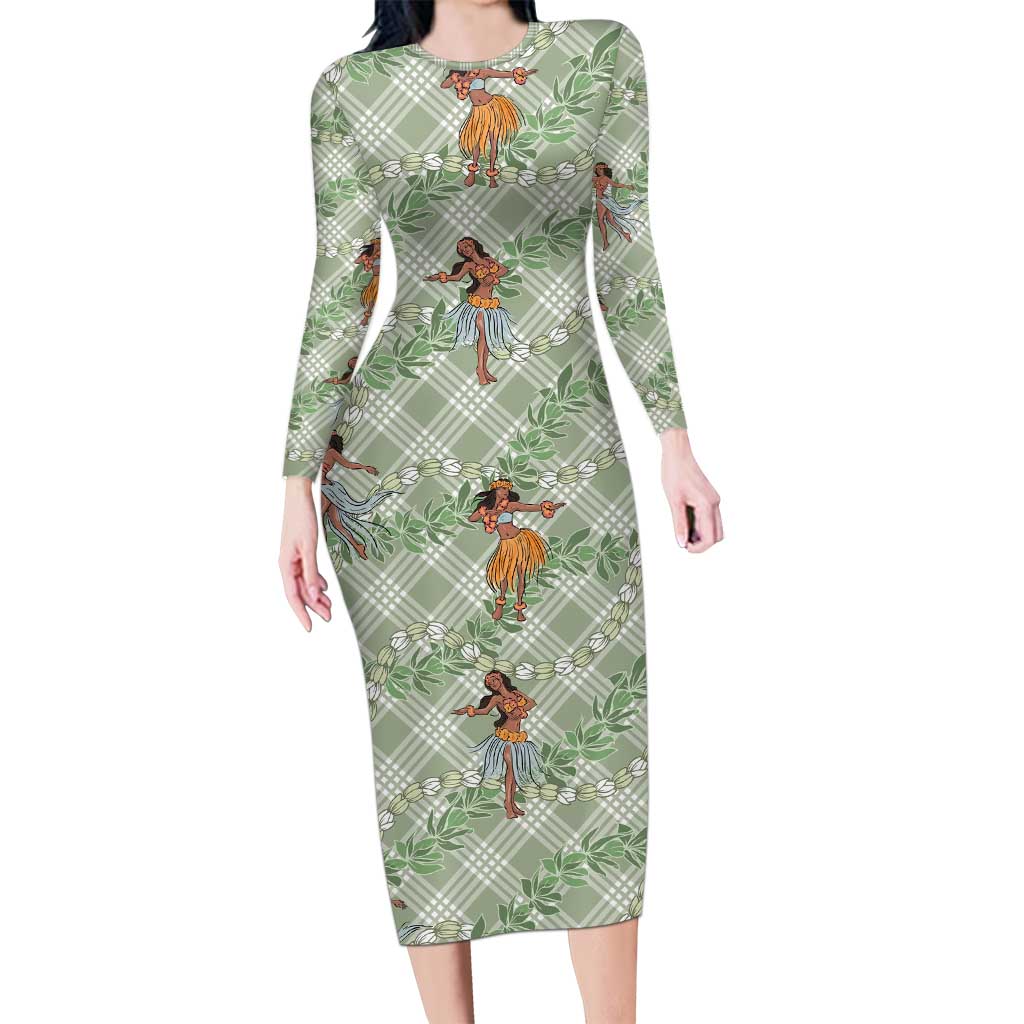 Mint Palaka Hula Girls Seamless Hawaii Aloha Family Matching Long Sleeve Bodycon Dress and Hawaiian Shirt LT7 Mom's Dress Mint - Polynesian Pride