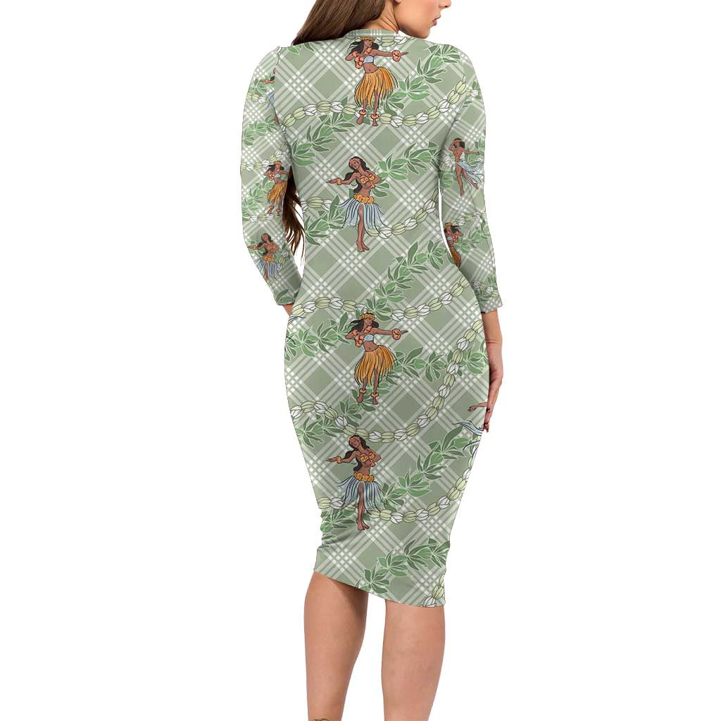 Mint Palaka Hula Girls Seamless Hawaii Aloha Family Matching Long Sleeve Bodycon Dress and Hawaiian Shirt LT7 - Polynesian Pride