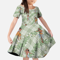 Mint Palaka Hula Girls Seamless Hawaii Aloha Family Matching Off The Shoulder Long Sleeve Dress and Hawaiian Shirt LT7 Daughter's Dress Mint - Polynesian Pride