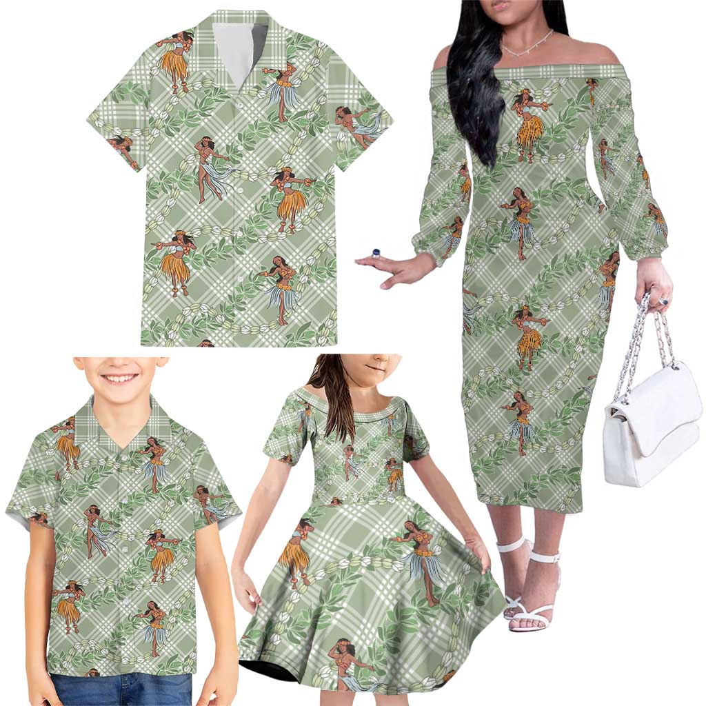 Mint Palaka Hula Girls Seamless Hawaii Aloha Family Matching Off The Shoulder Long Sleeve Dress and Hawaiian Shirt LT7 - Polynesian Pride