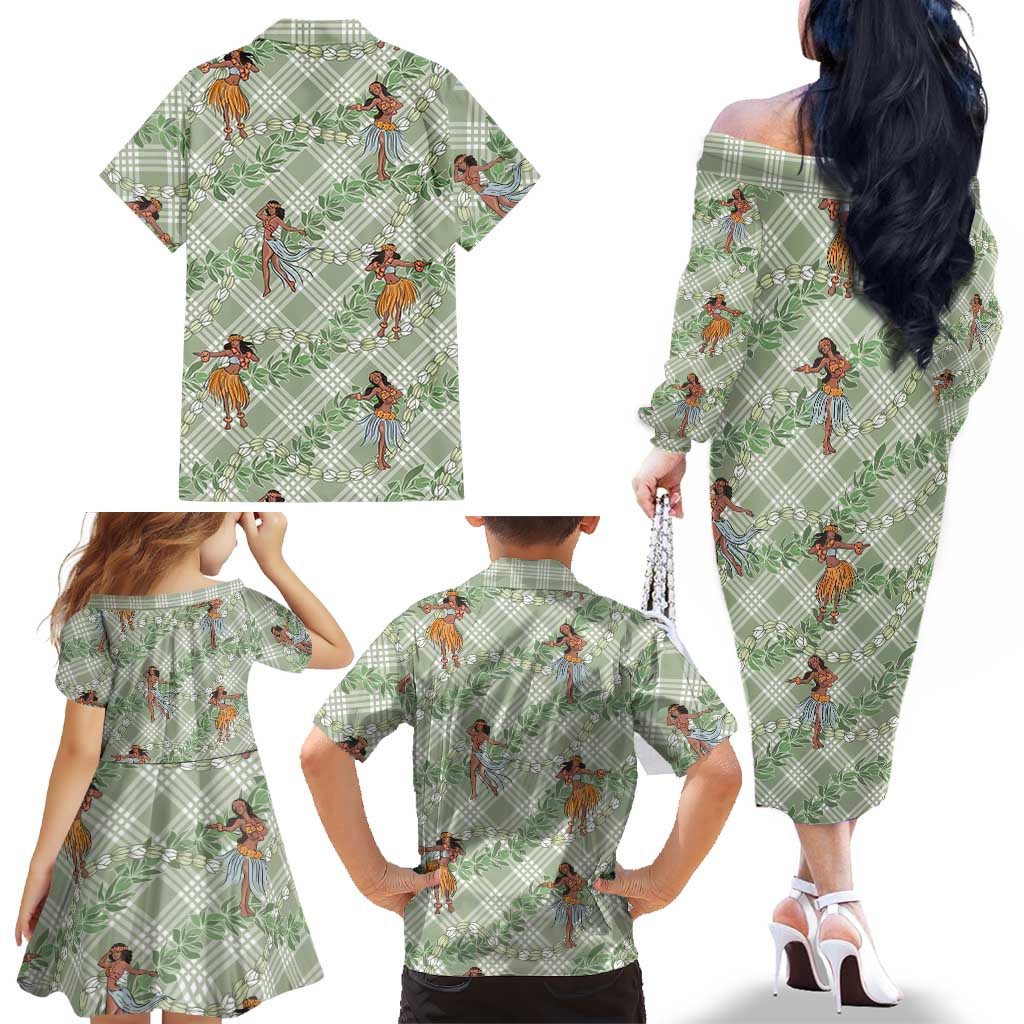 Mint Palaka Hula Girls Seamless Hawaii Aloha Family Matching Off The Shoulder Long Sleeve Dress and Hawaiian Shirt LT7 - Polynesian Pride