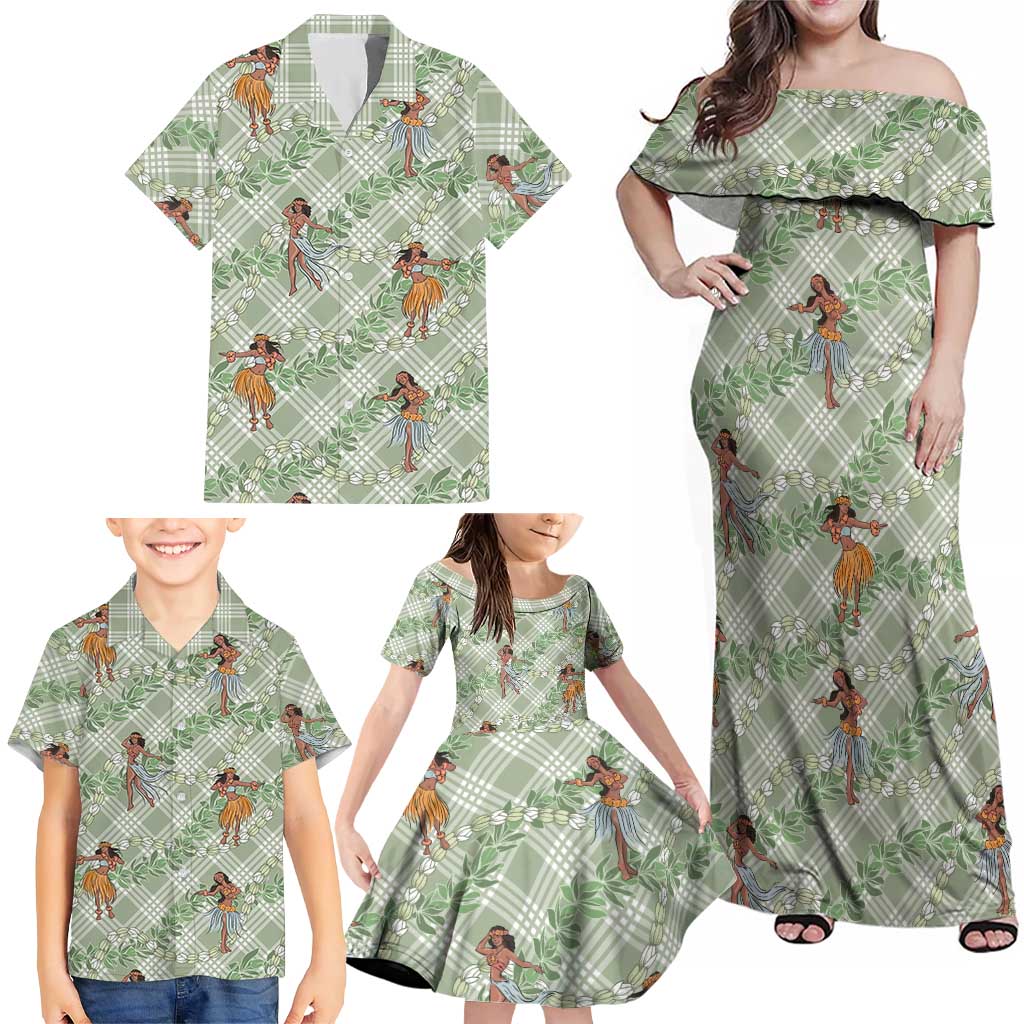 Mint Palaka Hula Girls Seamless Hawaii Aloha Family Matching Off Shoulder Maxi Dress and Hawaiian Shirt LT7 - Polynesian Pride