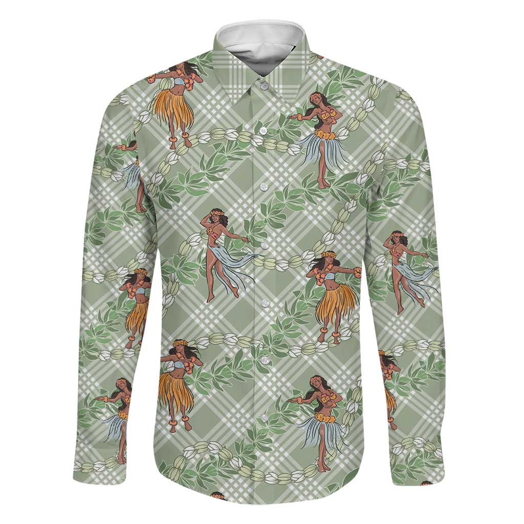 Mint Palaka Hula Girls Seamless Hawaii Aloha Family Matching Off Shoulder Maxi Dress and Hawaiian Shirt LT7 Dad's Shirt - Long Sleeve Mint - Polynesian Pride