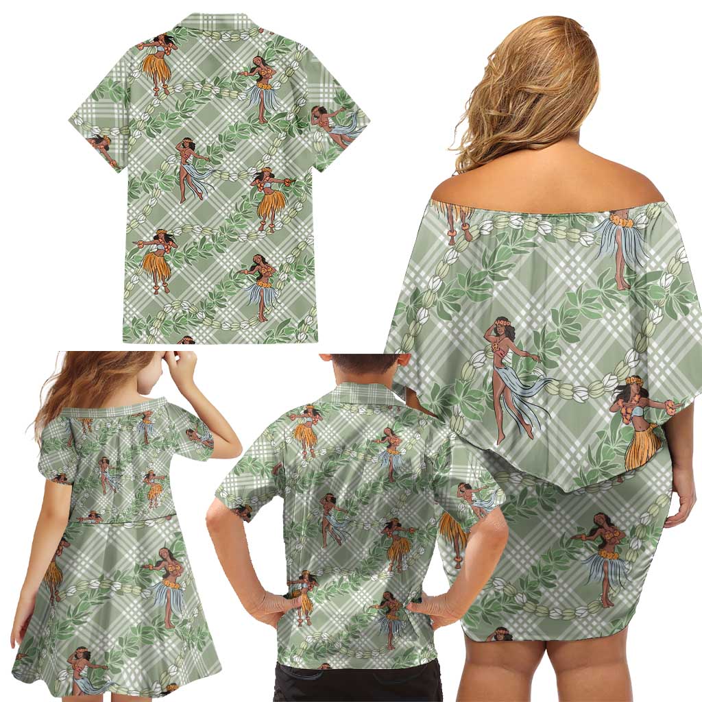 Mint Palaka Hula Girls Seamless Hawaii Aloha Family Matching Off Shoulder Short Dress and Hawaiian Shirt LT7 - Polynesian Pride