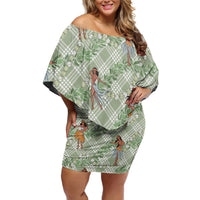 Mint Palaka Hula Girls Seamless Hawaii Aloha Family Matching Off Shoulder Short Dress and Hawaiian Shirt LT7 Mom's Dress Mint - Polynesian Pride