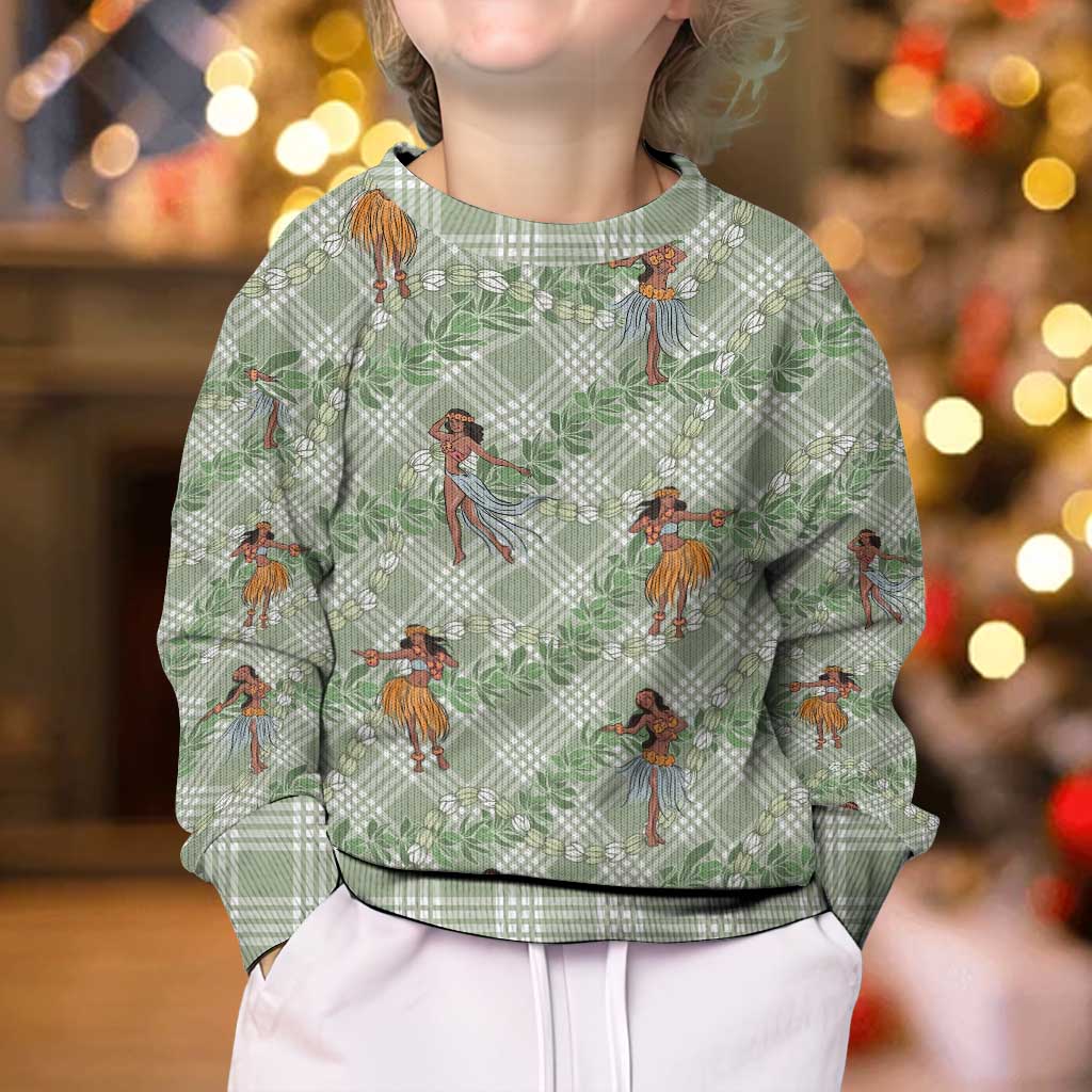 Mint Palaka Hula Girls Seamless Hawaii Aloha Kid Ugly Christmas Sweater - Polynesian Pride