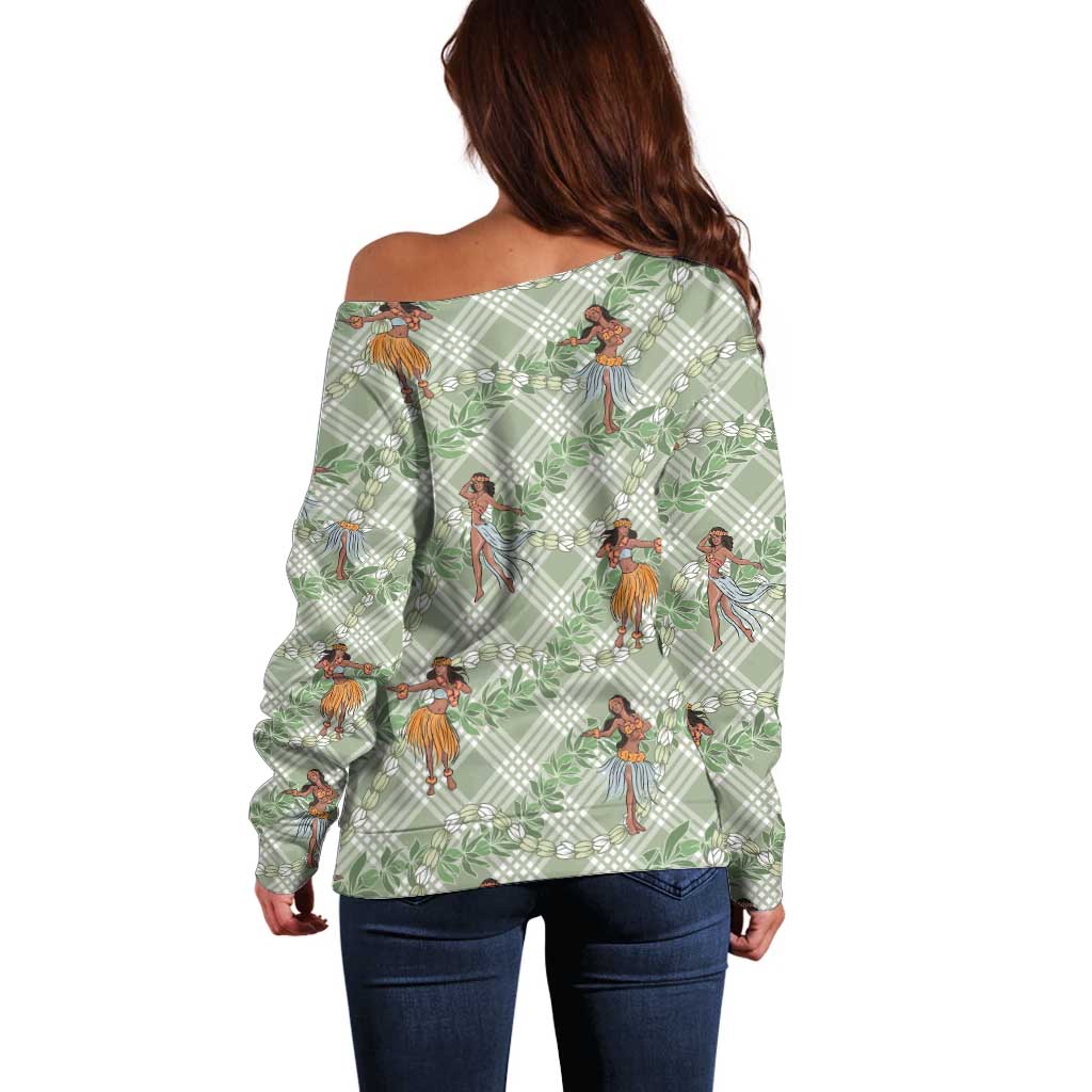 Mint Palaka Hula Girls Seamless Hawaii Aloha Off Shoulder Sweater - Polynesian Pride