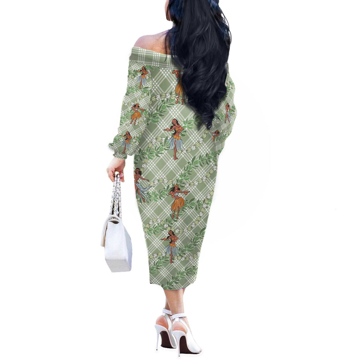Mint Palaka Hula Girls Seamless Hawaii Aloha Off The Shoulder Long Sleeve Dress - Polynesian Pride