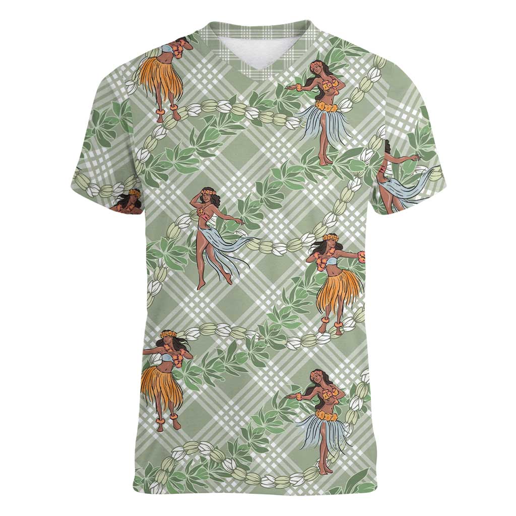 Mint Palaka Hula Girls Seamless Hawaii Aloha Women V-Neck T-Shirt - Polynesian Pride