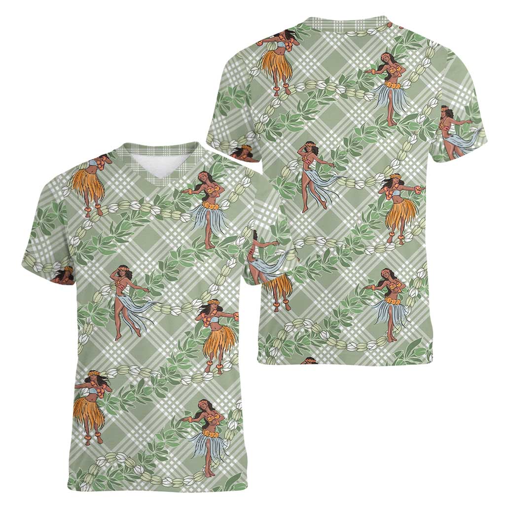Mint Palaka Hula Girls Seamless Hawaii Aloha Women V-Neck T-Shirt - Polynesian Pride