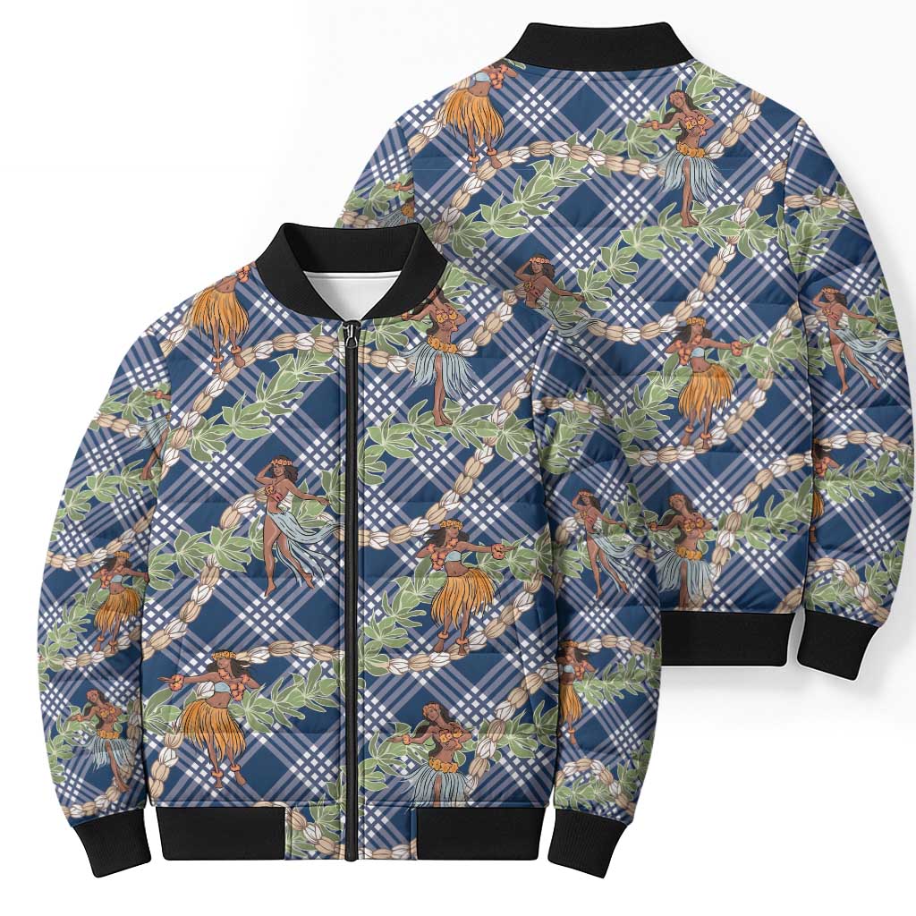 Navy Blue Palaka Hula Girls Seamless Hawaii Aloha Bomber Puffer Jacket - Polynesian Pride