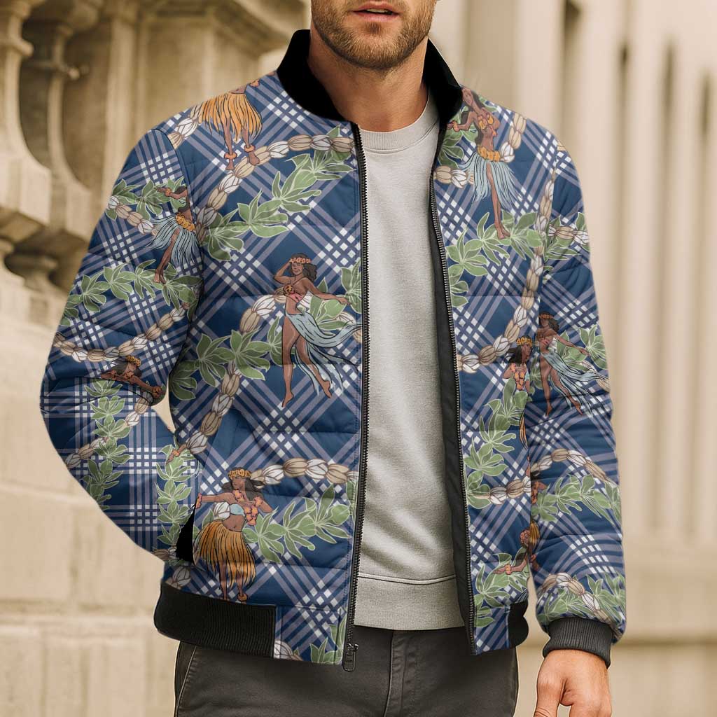 Navy Blue Palaka Hula Girls Seamless Hawaii Aloha Bomber Puffer Jacket - Polynesian Pride