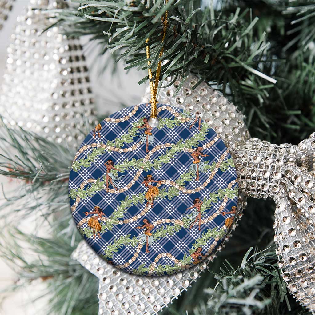 Navy Blue Palaka Hula Girls Seamless Hawaii Aloha Ceramic Ornament - Polynesian Pride