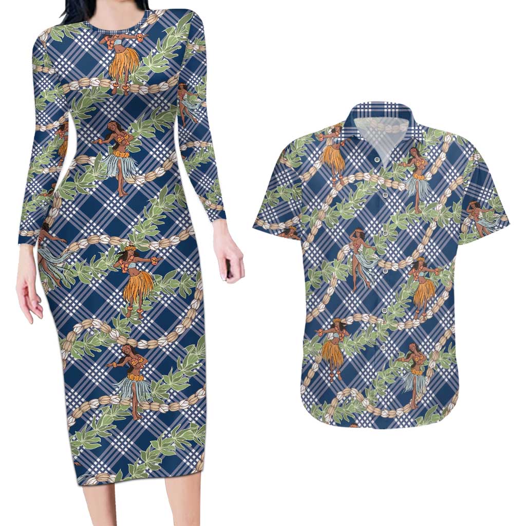 Navy Blue Palaka Hula Girls Seamless Hawaii Aloha Couples Matching Long Sleeve Bodycon Dress and Hawaiian Shirt LT7 Navy Blue - Polynesian Pride