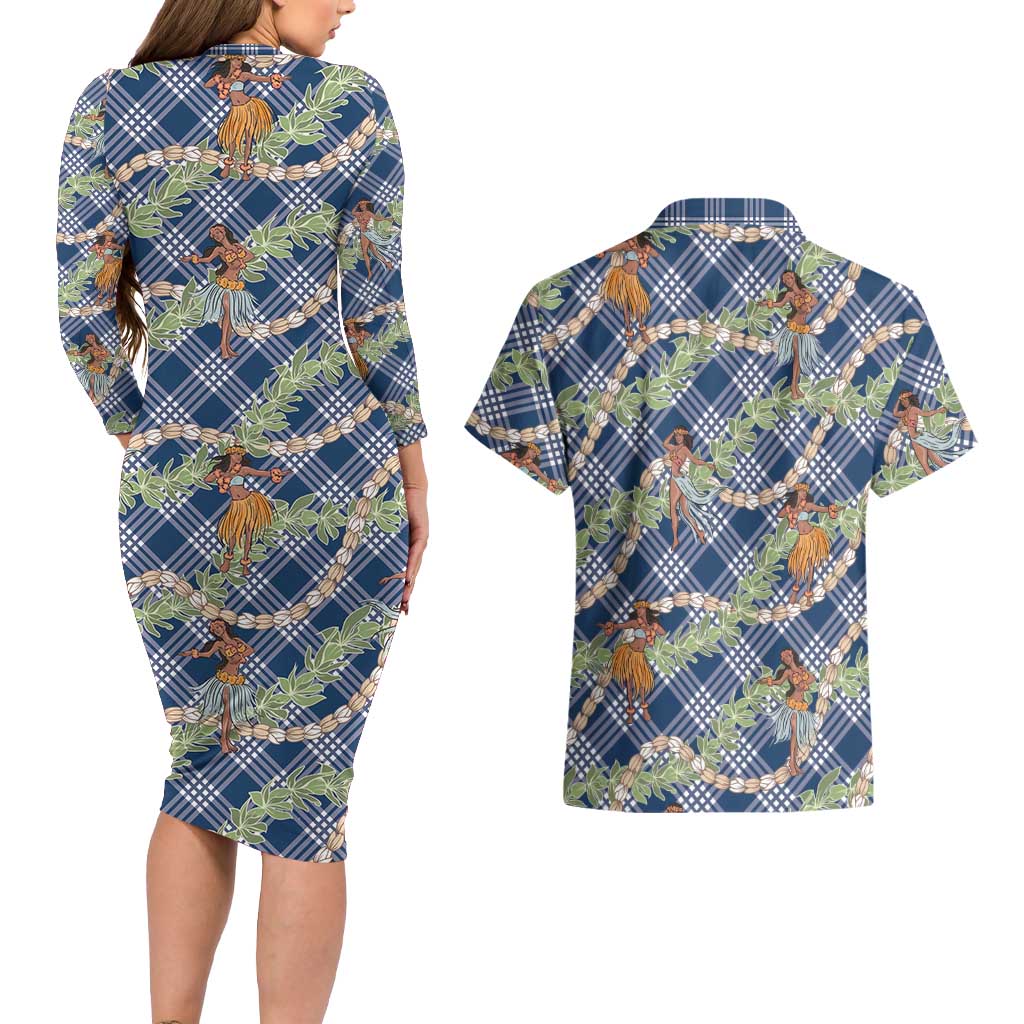 Navy Blue Palaka Hula Girls Seamless Hawaii Aloha Couples Matching Long Sleeve Bodycon Dress and Hawaiian Shirt LT7 - Polynesian Pride