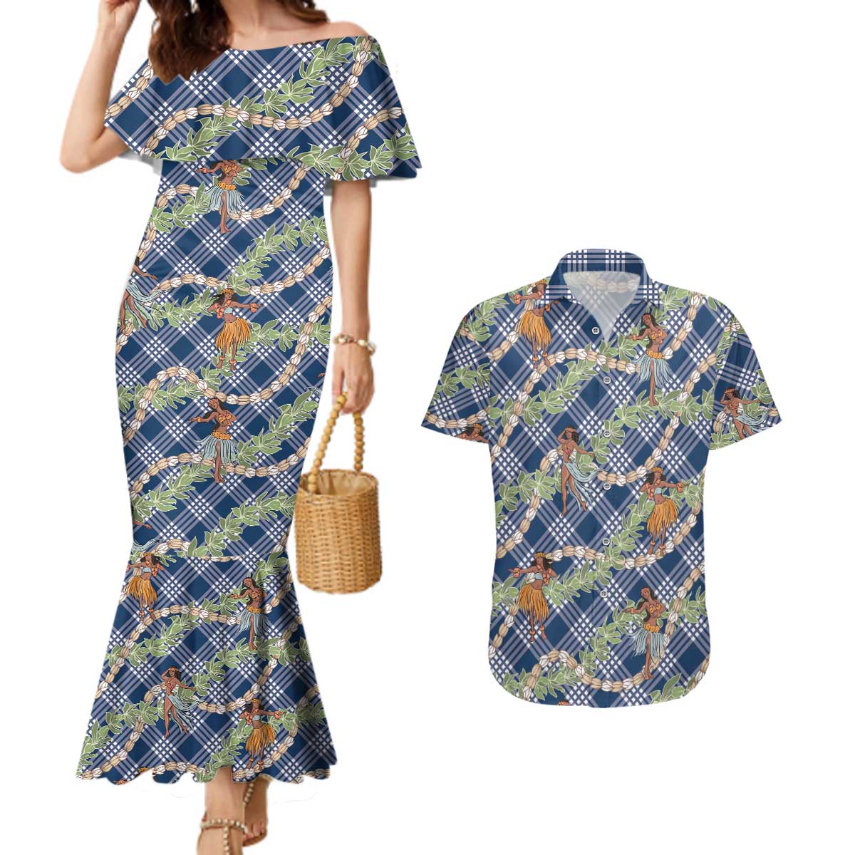 Navy Blue Palaka Hula Girls Seamless Hawaii Aloha Couples Matching Mermaid Dress and Hawaiian Shirt - Polynesian Pride