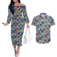 Navy Blue Palaka Hula Girls Seamless Hawaii Aloha Couples Matching Off The Shoulder Long Sleeve Dress and Hawaiian Shirt LT7 Navy Blue - Polynesian Pride